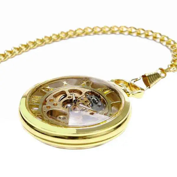 Relógio bolso esqueleto pirita aço dourado movimento mecânico