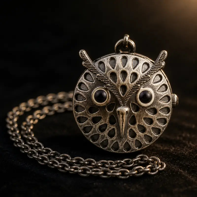 Colar feminino com relógio de bolso e coruja