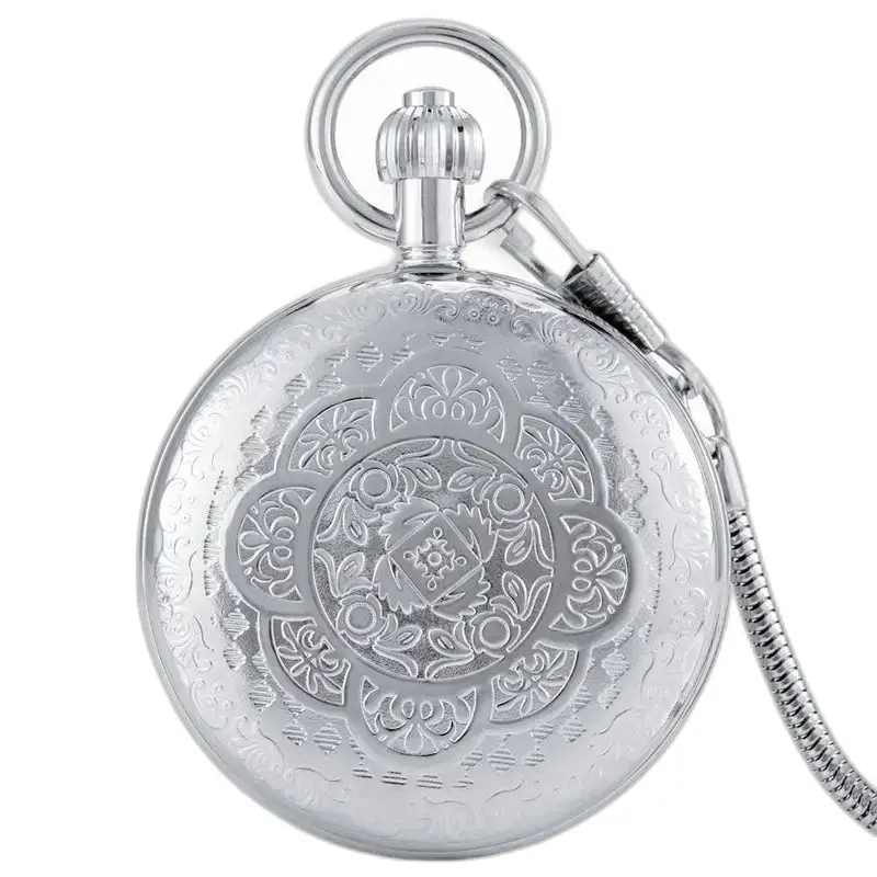 Relógio de bolso prateado automático com flor oriental