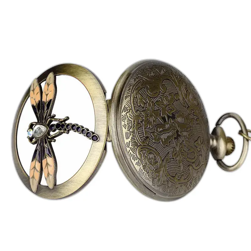 Relógio de bolso moderno e chique em bronze com libélula
