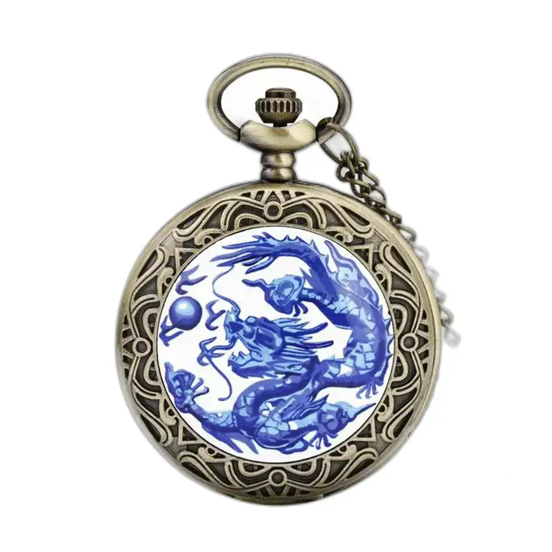 Relógio de bolso com colar de dragão azul vintage para homens e mulheres