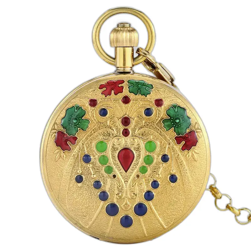 Relógio de bolso feminino de luxo dourado com abas duplas e um elegante design dourado