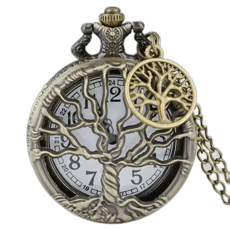 Relógio de bolso feminino com colar vintage e design de árvore de bronze