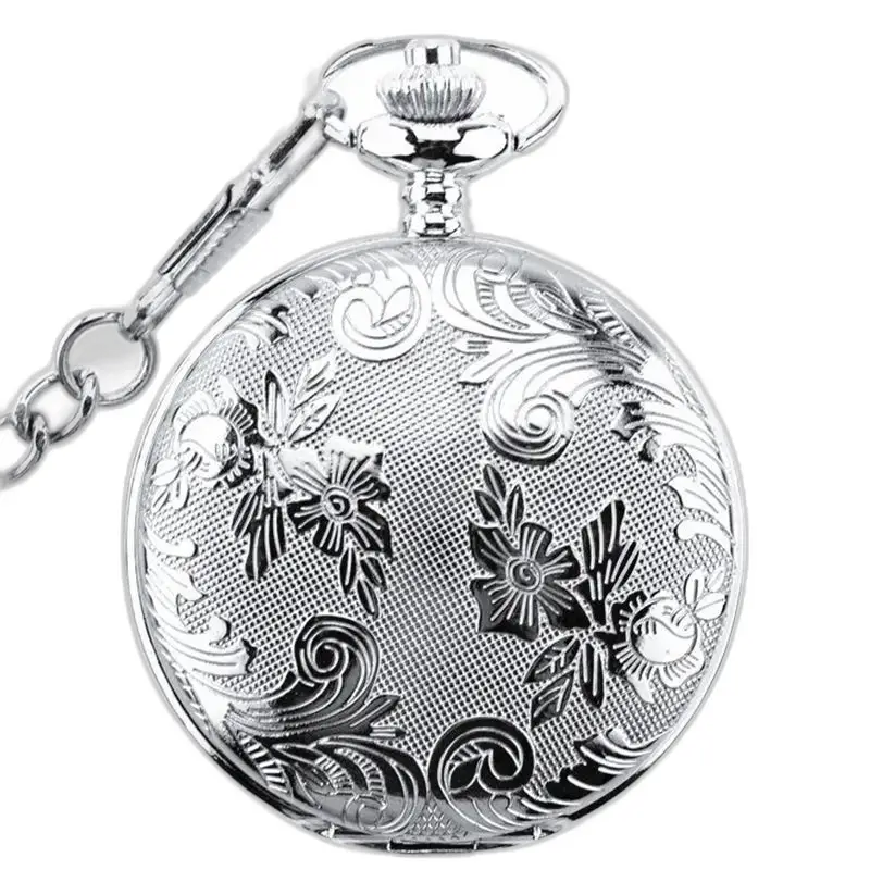 Relógio de bolso feminino de aba dupla prateado com elegante padrão floral prateado