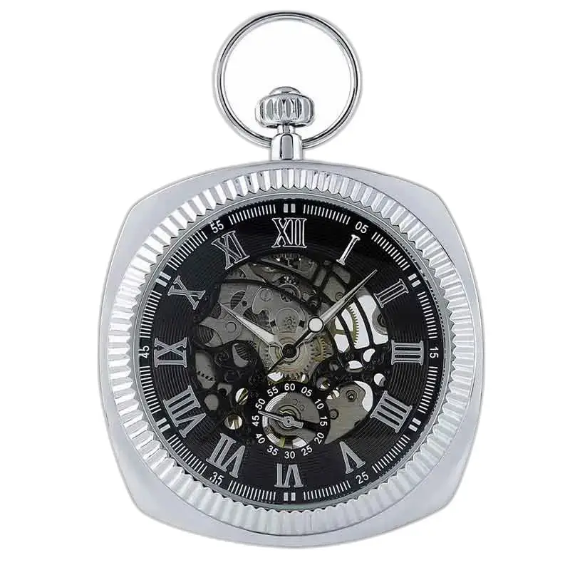 Relógio de bolso masculino chique em prata, elegante relógio de bolso com corda mecânica em prata