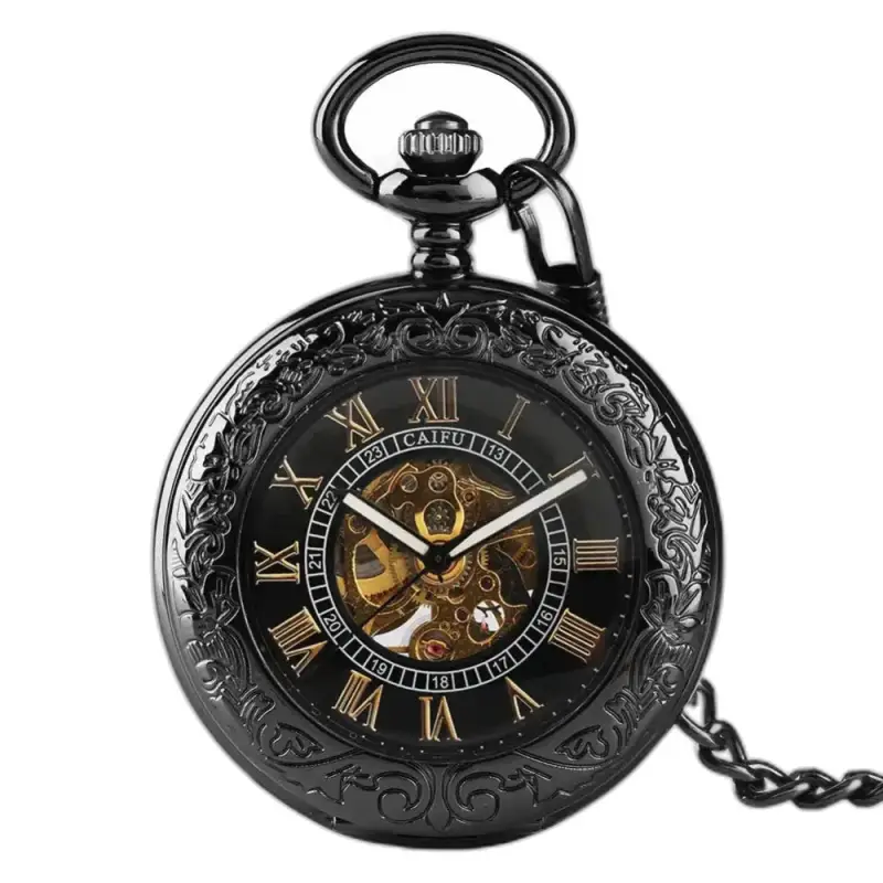 Relógio de bolso automático Steampunk Iridium preto em bolso de irídio refinado