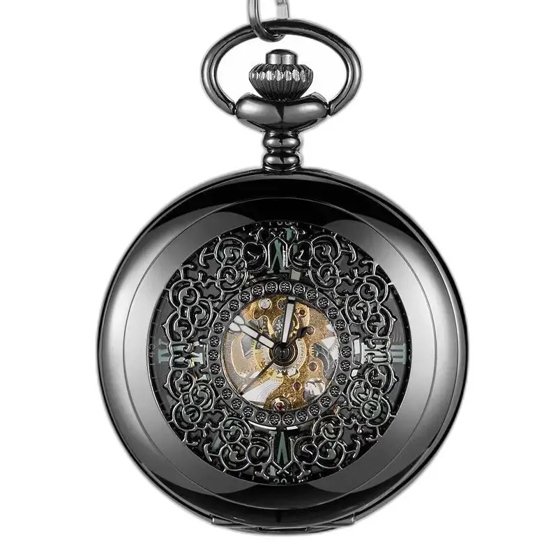 Relógio de bolso luminoso Evil Flower com mostrador preto vintage ornamentado