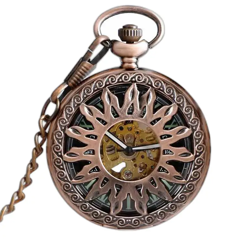 Relógio de bolso de luxo cornalina com mecanismo de bronze ornamentado visível