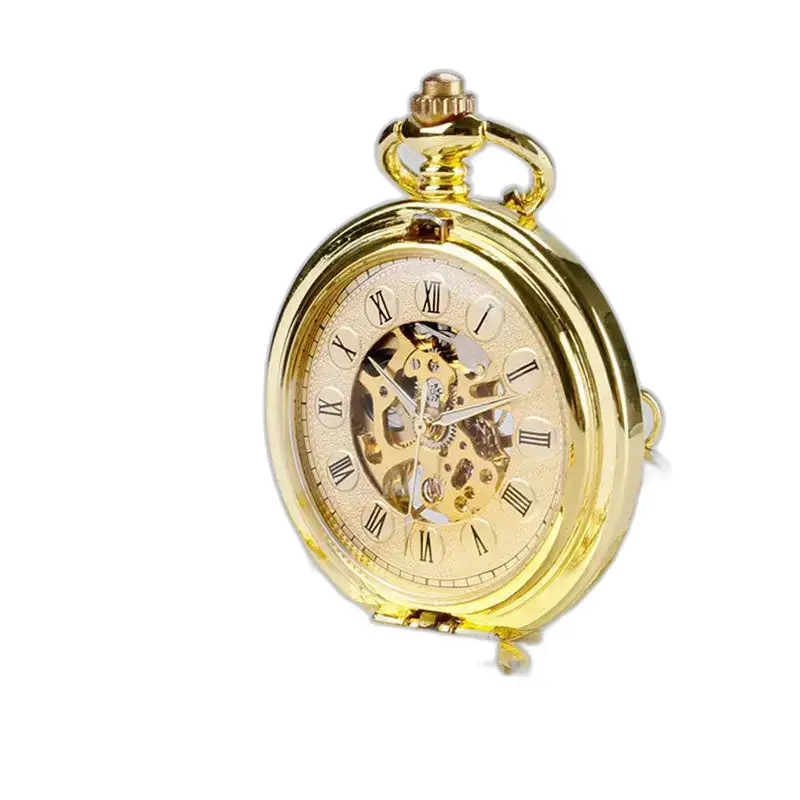 Relógio de bolso mecânico de luxo com corda manual dourada e movimento mecânico