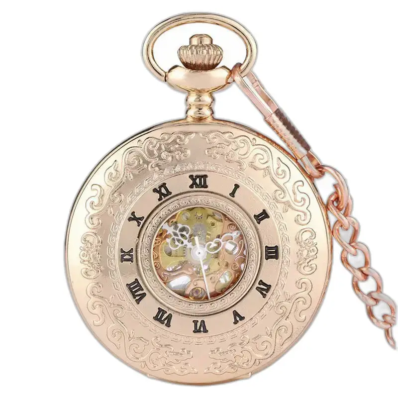 Relógio de bolso luxuoso em ouro rosa com índices de algarismos romanos e corrente embelezada