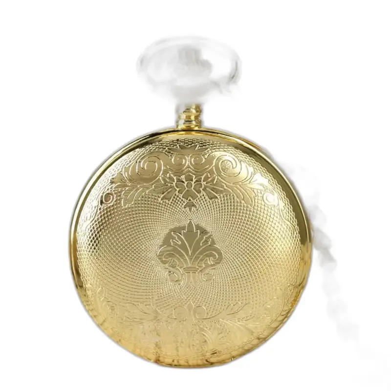 Relógio de bolso luxuoso esqueleto dourado com algarismos romanos e acabamento dourado ornamentado