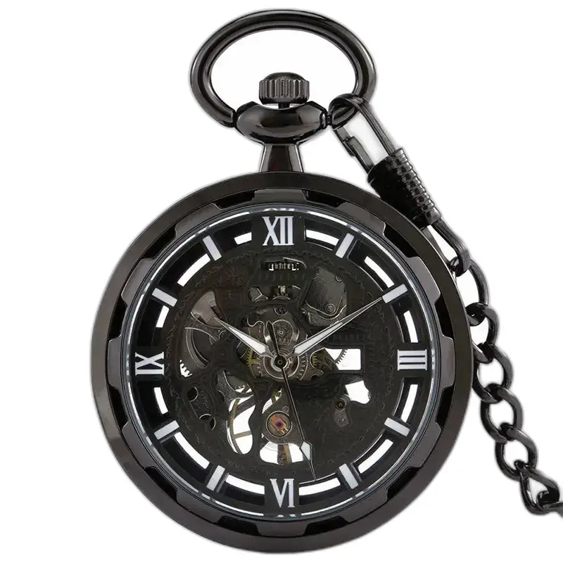 Relógio de bolso mecânico Black Dream Chic com elegante esqueleto preto