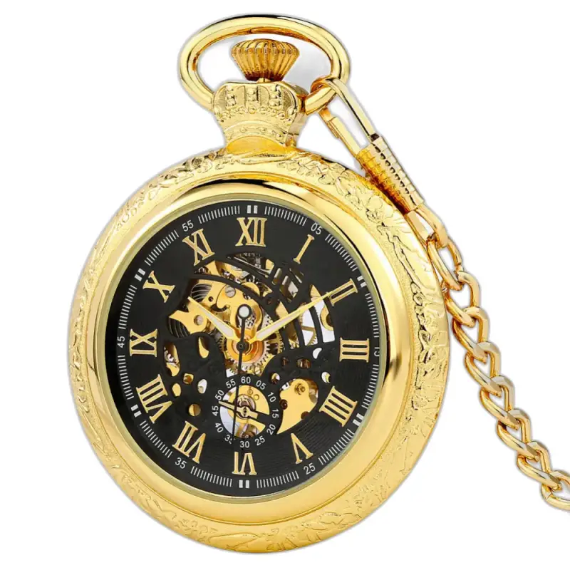 Relógio de bolso mecânico dourado com corrente e mostrador romano em ouro preto