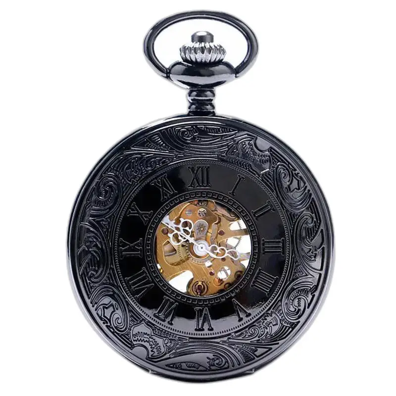 Relógio de bolso mecânico Black Metal Chic com mecanismo de metal preto visível