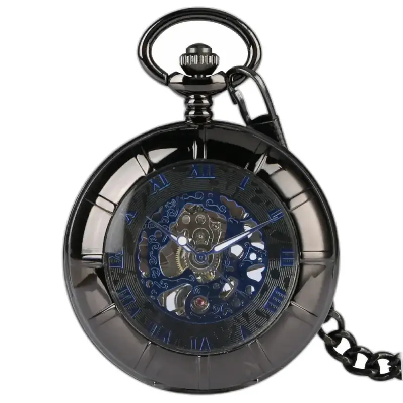 Relógio de bolso mecânico masculino Blue Venom com elegante caixa preta