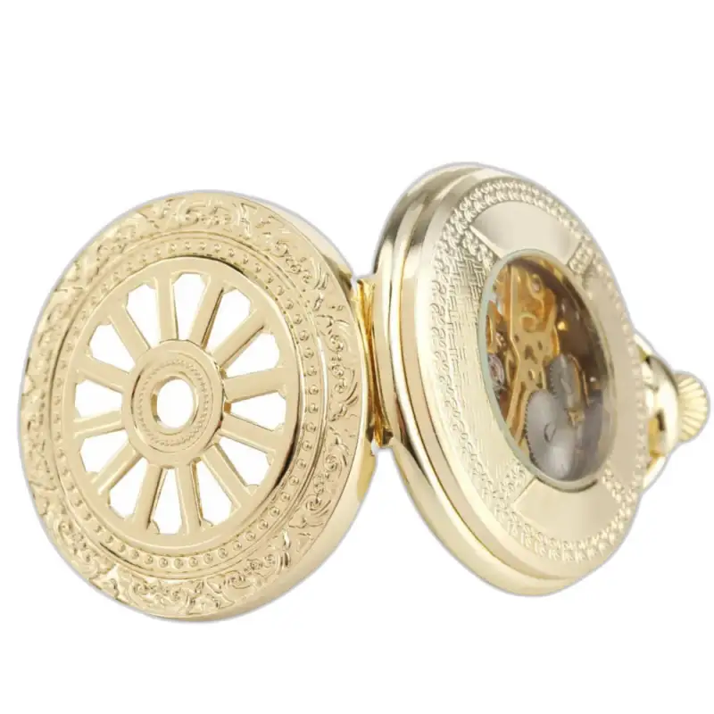 Relógio de bolso mecânico dourado com elegante design de esqueleto oco