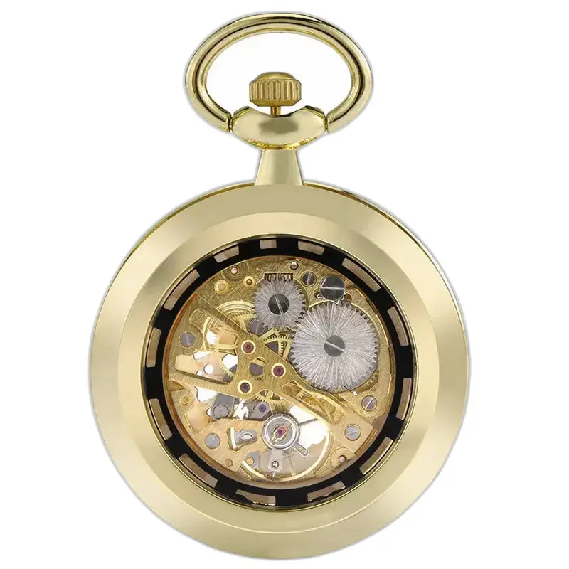 Relógio de bolso mecânico Golden Skeleton Chic com elegante design dourado