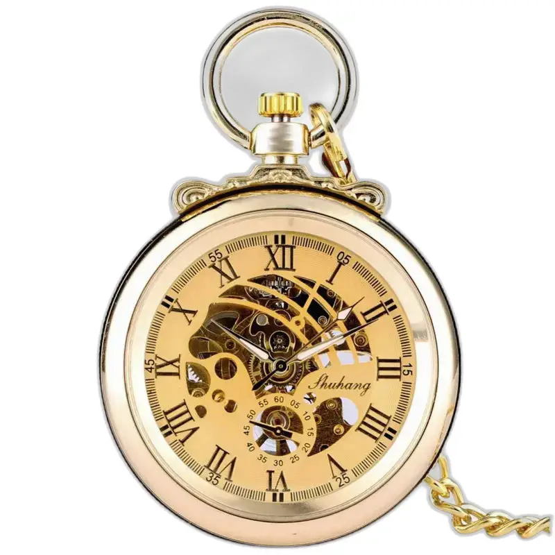 Relógio de bolso mecânico luxuoso e chique em ouro com movimento mecânico dourado