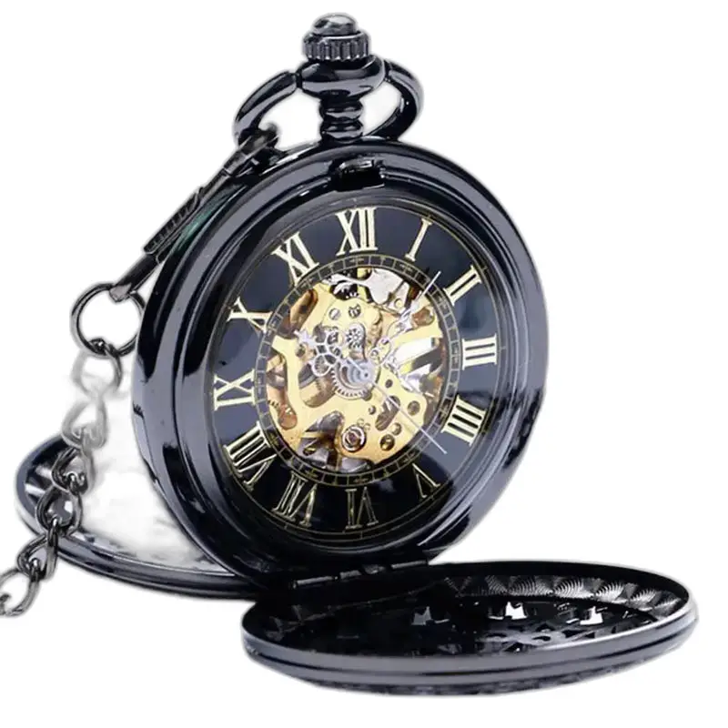 Relógio de bolso mecânico preto chique, relógio de bolso mecânico preto elegante e refinado