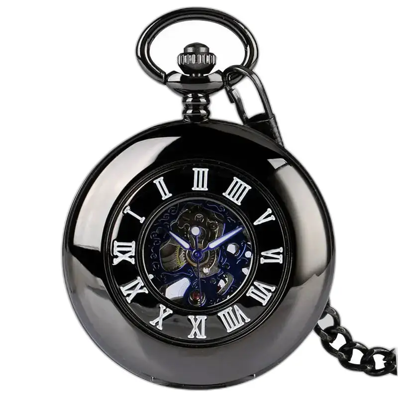 Relógio de bolso preto moderno e chique com elegantes algarismos romanos e design refinado