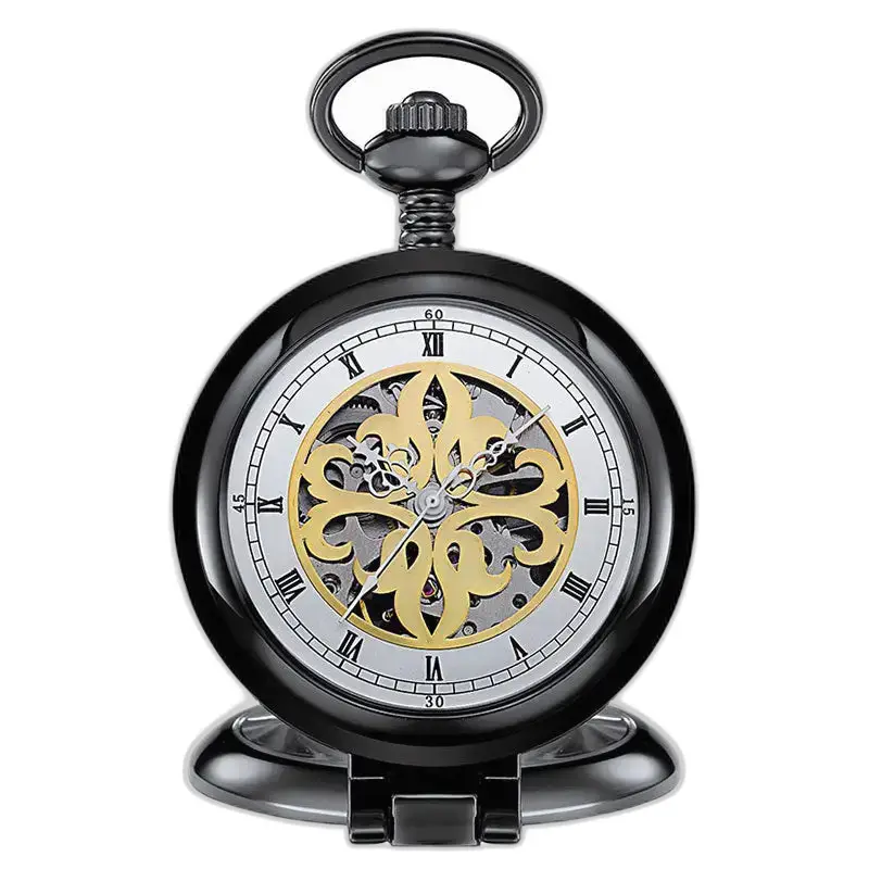 Relógio de bolso de luxo esqueleto antigo com acabamento preto e dourado