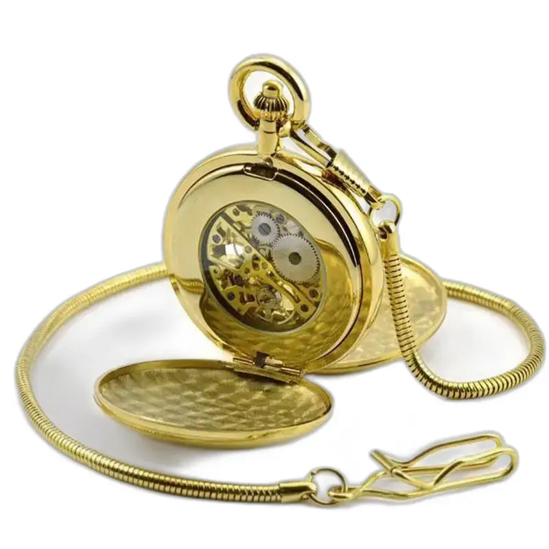 Relógio de bolso Royale Double Mechanical de luxo com corrente de ouro