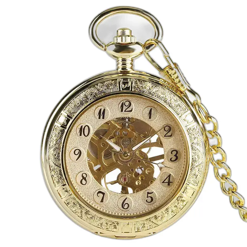 Relógio de bolso mecânico de ouro de luxo real com engrenagens e corrente visíveis
