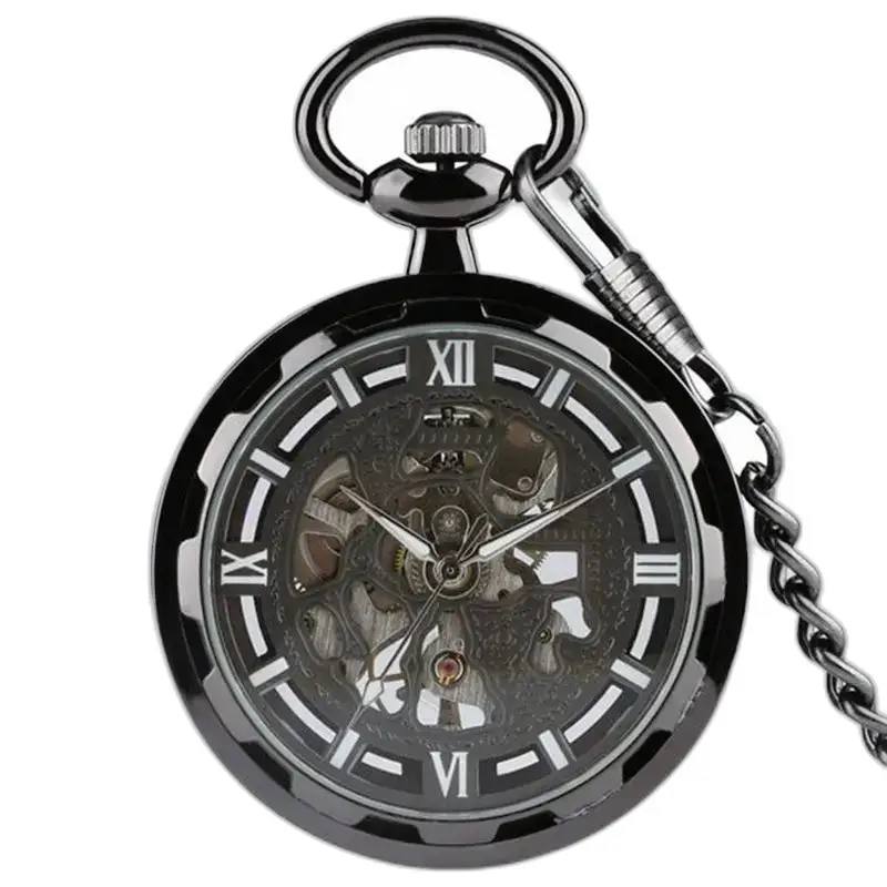 Relógio de bolso de esqueleto mecânico chique com corrente e design elegante em preto