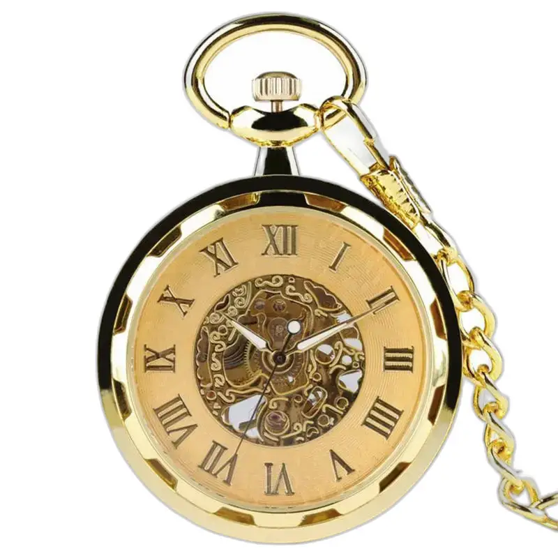 Relógio de bolso de aço dourado com corrente, relógio de bolso de esqueleto mecânico masculino de luxo