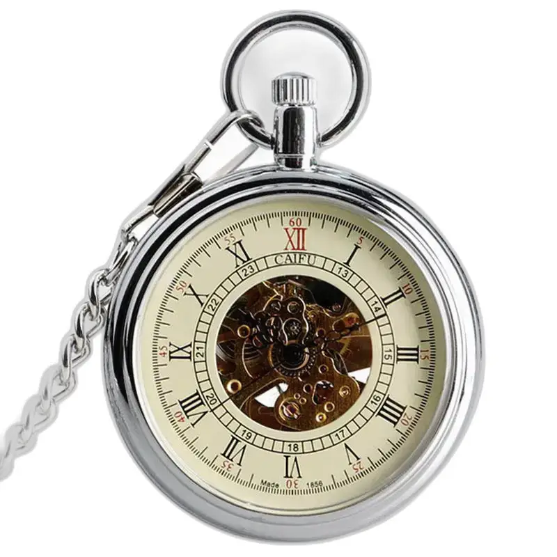 Relógio de bolso automático vintage elegante e clássico em prata