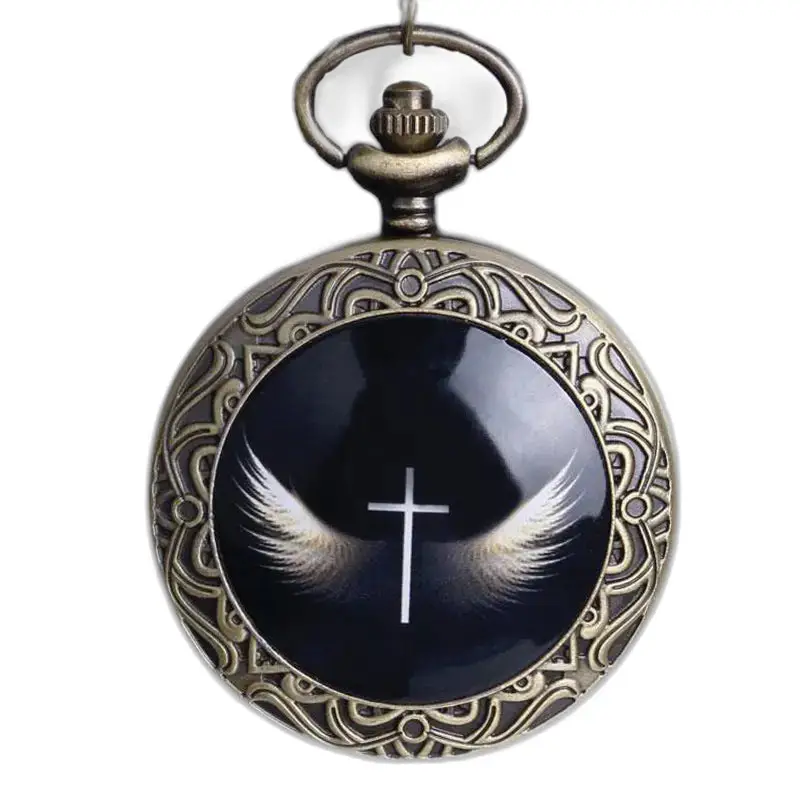 Relógio moderno com colar de asa de anjo com relógio de colar vintage, cruz e asas