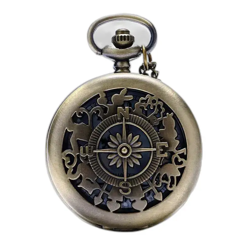Relógio com colar de bússola estilo vintage para homens e mulheres com uma bússola de bronze antiga