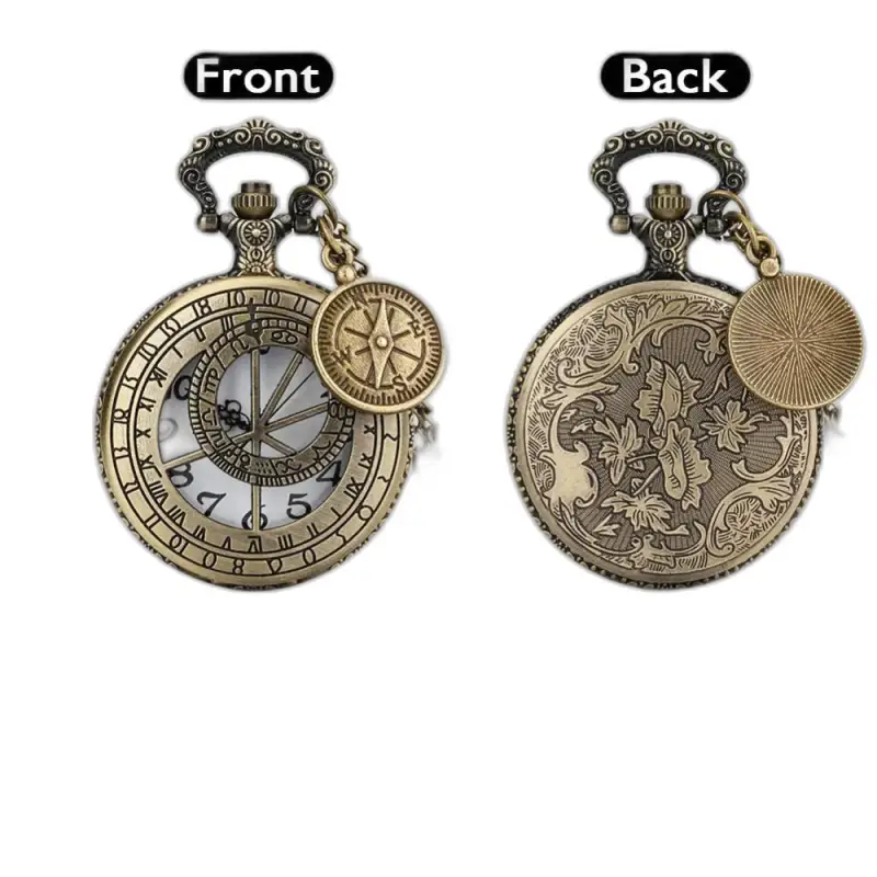 Relógio de colar de bússola de quartzo de bronze meio caçador com estilo antigo, relógio de colar elegante