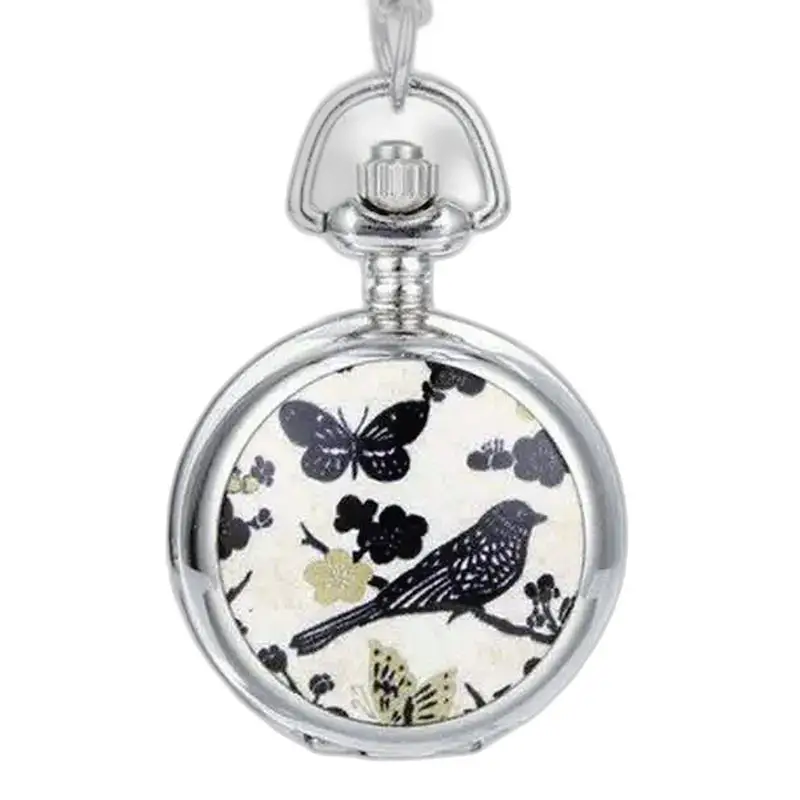 Elegante relógio de colar com desenho de pássaro e borboleta, movimento de quartzo