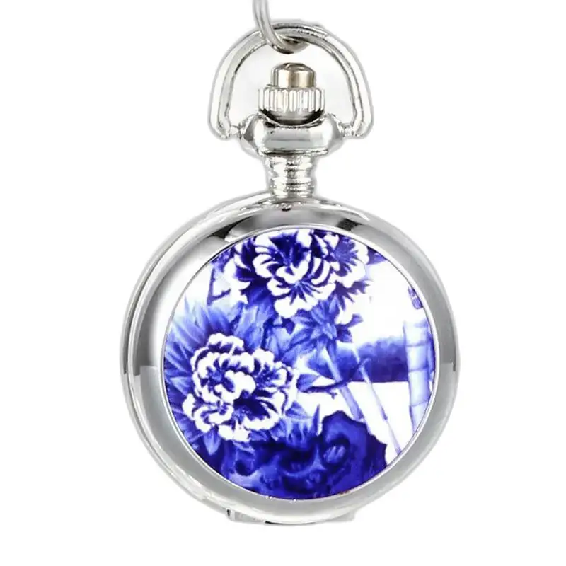 Relógio colar Silver Blue Flowers com elegante design floral azul