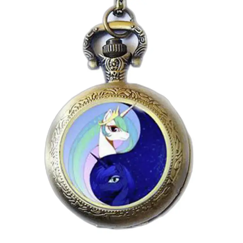 Relógio de colar de unicórnio de bronze e ouro com design de unicórnio de bronze yin-yang