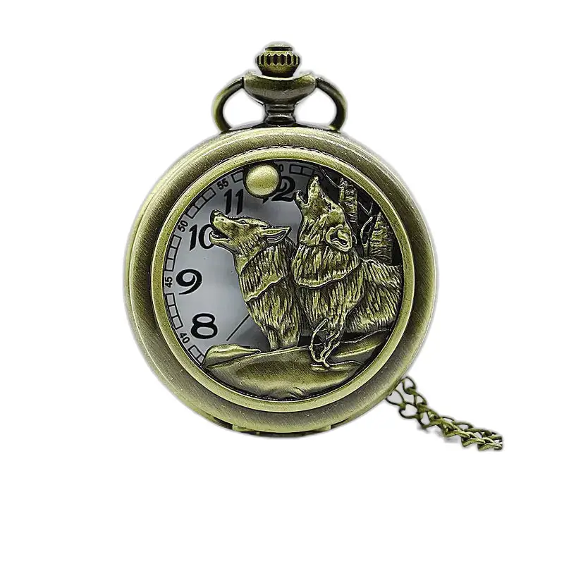 Relógio vintage Loups Pleine Lune com colar e elegante relógio de lobo em bronze
