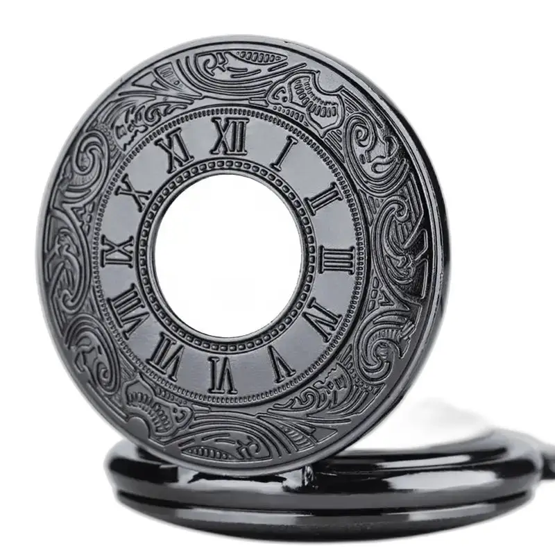 Relógio de colar mecânico estilo pingente com elegante caixa preta ornamentada