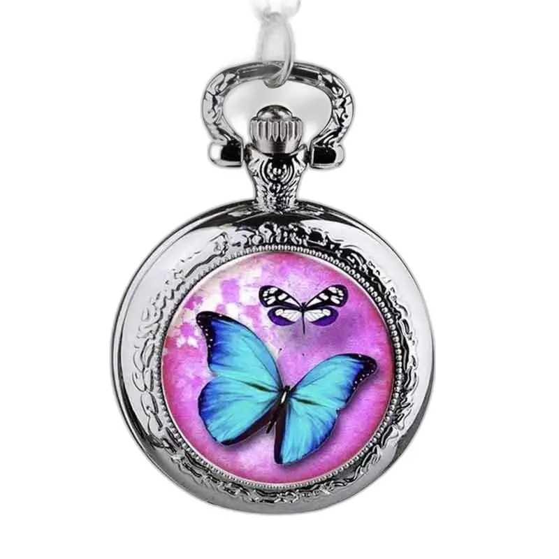 Relógio Colar Borboleta Rosa e Azul com desenho de borboleta prateada