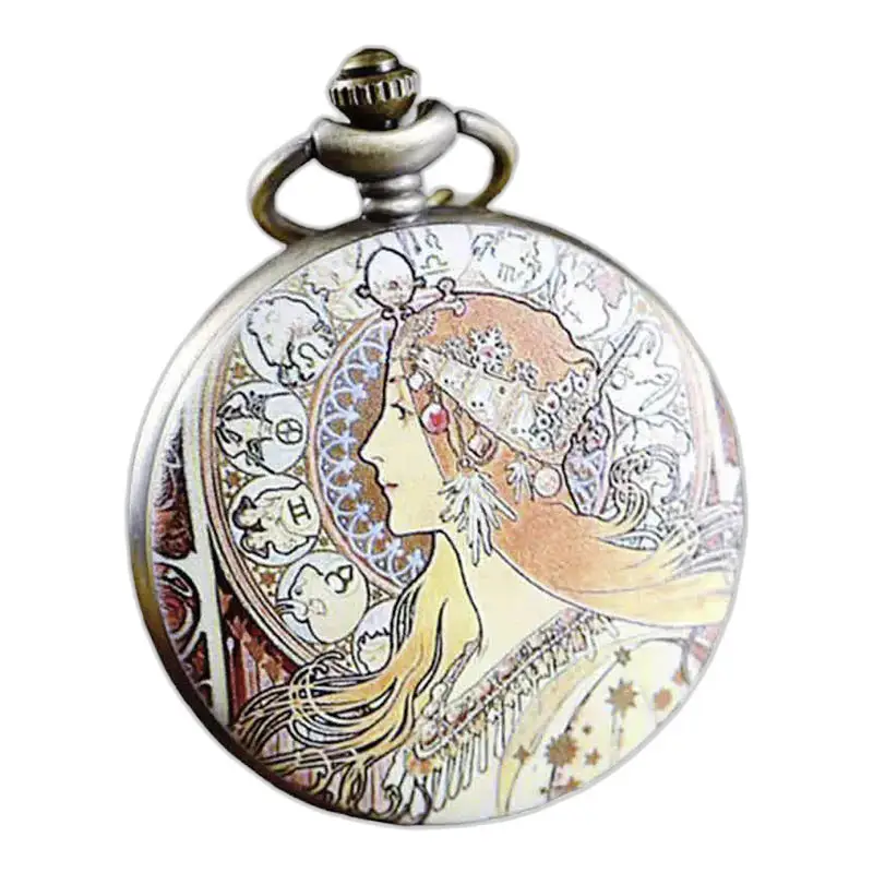 Relógio elegante com pingente de deusa vermelha e design elegante Art Nouveau