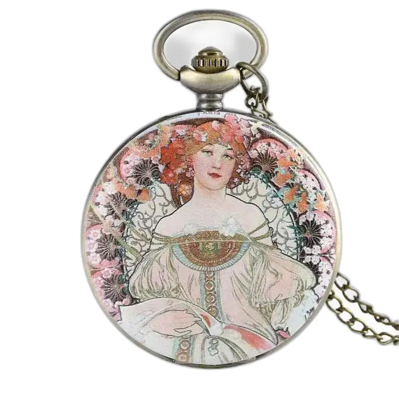 Relógio com colar com pingente de flor e mostrador transparente estilo Art Nouveau elegante