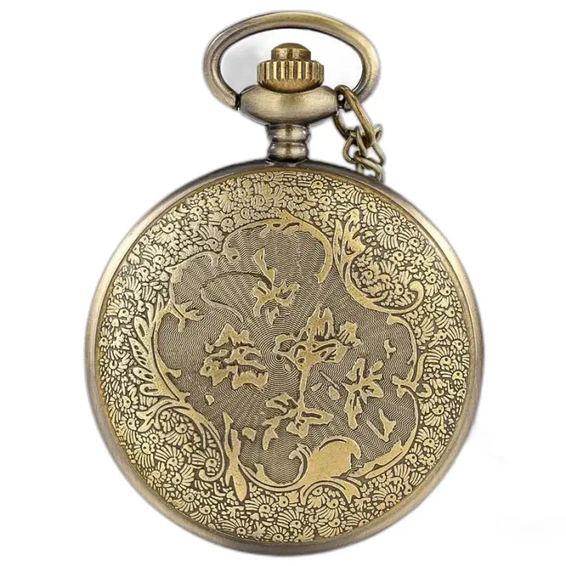 Relógio extravagante de colar de quartzo em bronze exibindo um relógio de bolso de bronze ornamentado