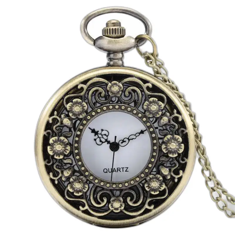 Relógio retrô vintage com colar de bronze ornamentado com flor e corrente elegante