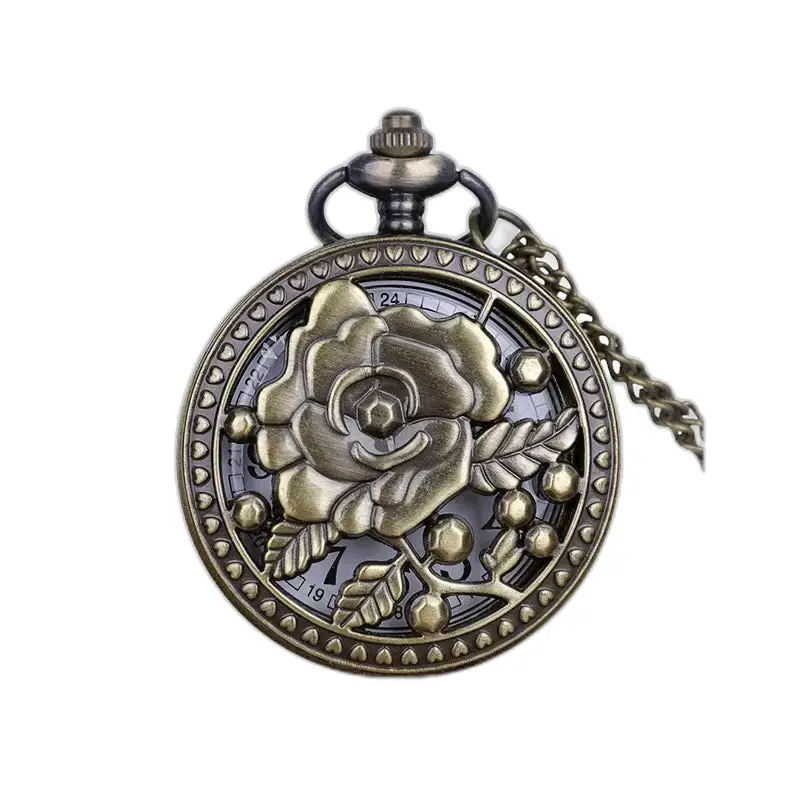 Relógio vintage com colar em bronze com flor rosa e delicado mostrador em forma de rosa