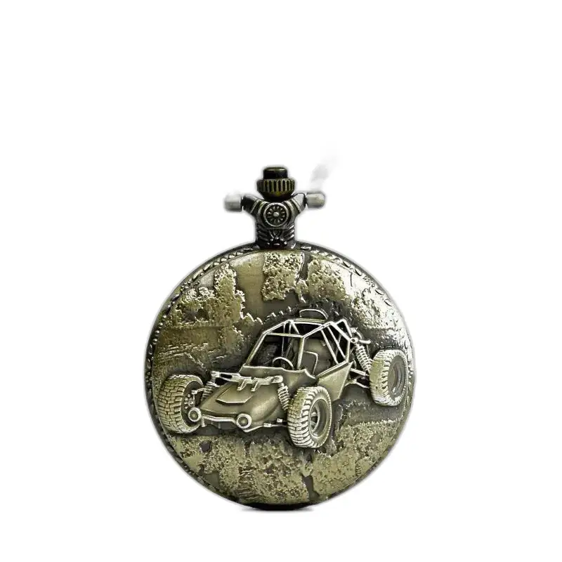 Relógio de colar redondo de bronze estilo vintage com design de buggy na cor bronze