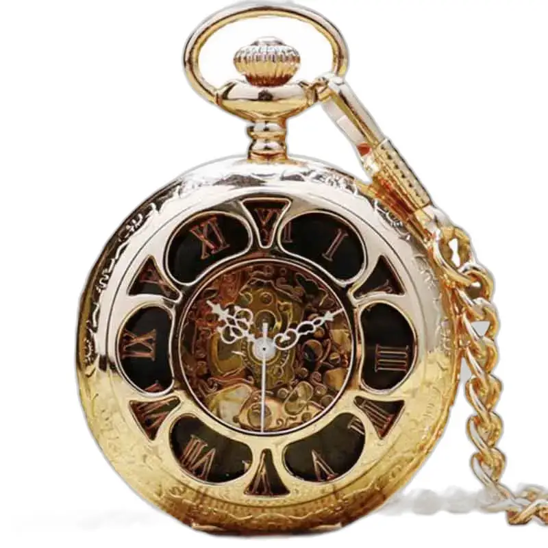 Relógio de bolso luxuoso em ouro esmeralda em ouro com corrente refinada