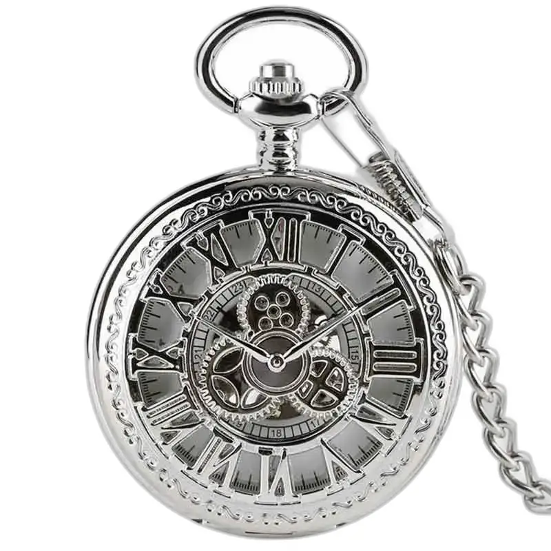 Relógio de bolso luxuoso com reforço de diamante prateado e corrente, design elegante e esqueletizado
