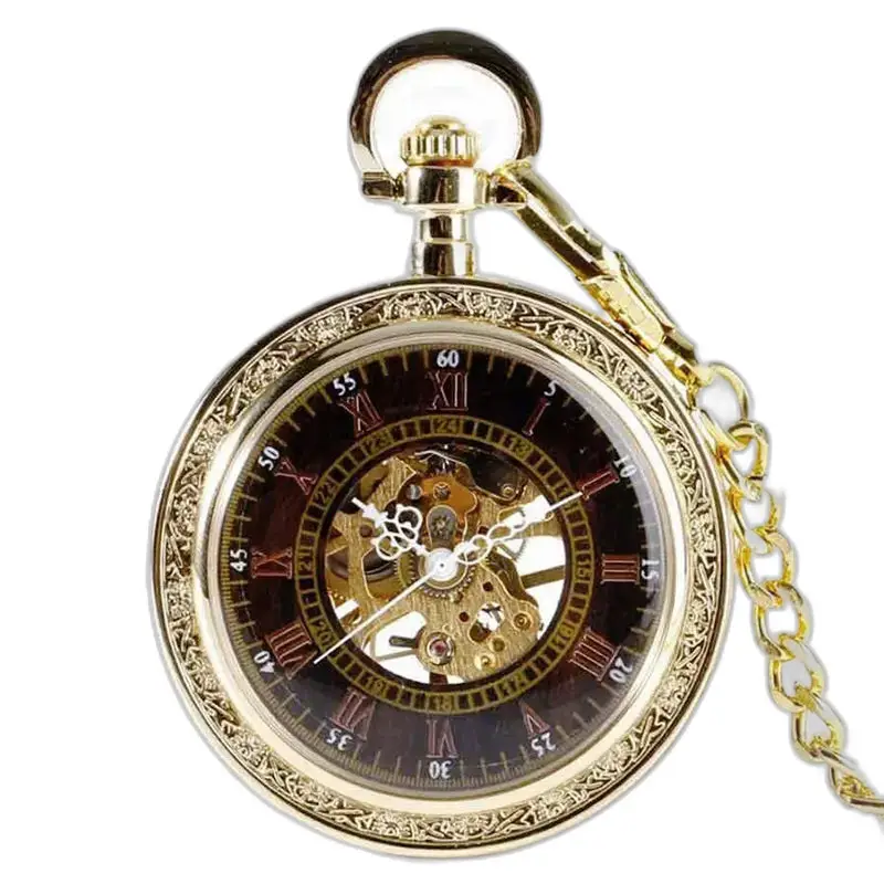 Relógio de bolso luxuoso em safira dourada com corrente e acabamento dourado