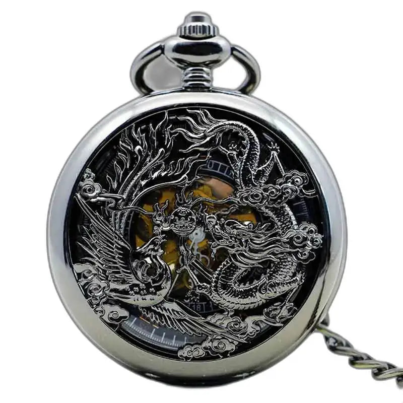 Relógio de bolso Steampunk Erbium Luxe Gusset com design de dragão e fênix em prata