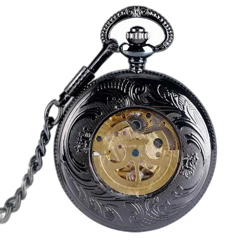 Relógio de bolso Steampunk Rhodium Gusset com design ornamentado em preto